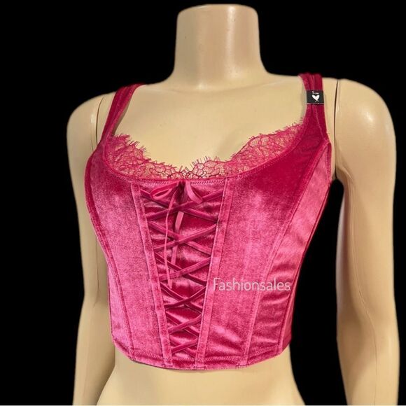 Victorias Secret Dream Angels Unlined Lace-up Velvet Corset Top Bra Pink Xlarge - Picture 4 of 8
